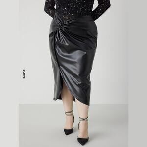 Faux Leather Black Long Skirt Women's Plus Size 1XL Wrap Twist Detail